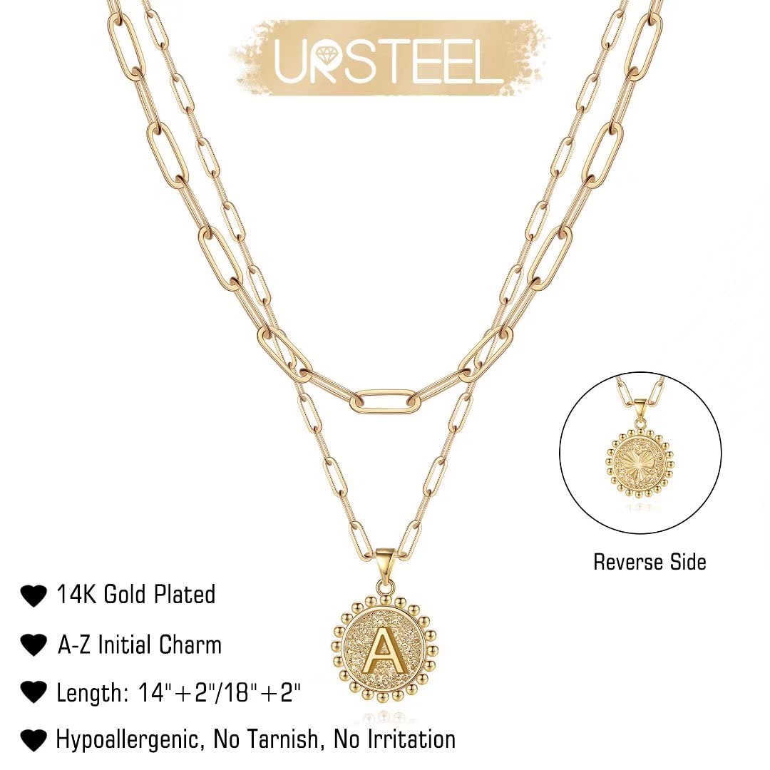 Ursteel Layered Gold Initial Necklace for Women - 14K Gold Plated Dainty Layering Paperclip Chain Necklace for Women Letter A Initial Coin Pendant Necklaces Jewelry Mothers Day Gifts for Women