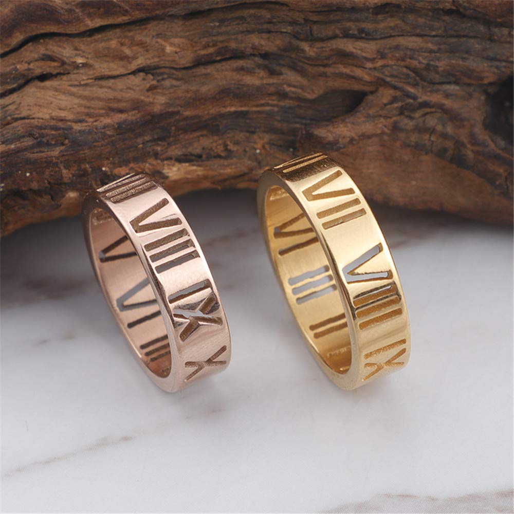 Elefezar Openwork Roman Numeral Stainless Steel Ring for Women Dainty Band Plated Jewelry Gold 8