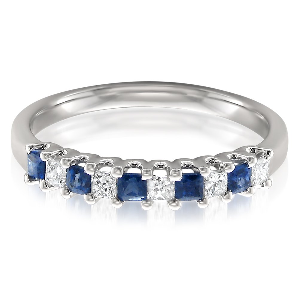 Beyond Brilliance 1/2 Carat Diamond, Prong-Set 14K White Gold Princess Cut Diamond & Blue Sapphire Bridal Wedding Band Ring (H-I, I1-I2)