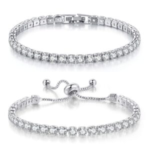 double fair 2 pcs tennis bracelets for women 14k gold plated aaa+ cubic zirconia cz diamond classic adjustable slider bracelet fashion jewelry wedding gift size 6.5-7.5 inch