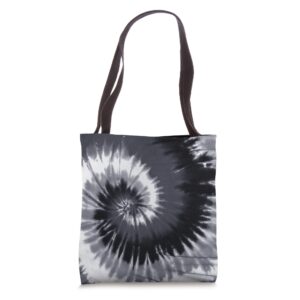 black and white tie dye monochrome hippie spiral pattern tote bag