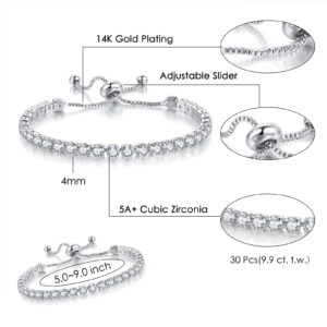 Double Fair 2 Pcs Tennis Bracelets for Women 14K Gold Plated AAA+ Cubic Zirconia CZ Diamond Classic Adjustable Slider Bracelet Fashion Jewelry Wedding Gift Size 6.5-7.5 Inch