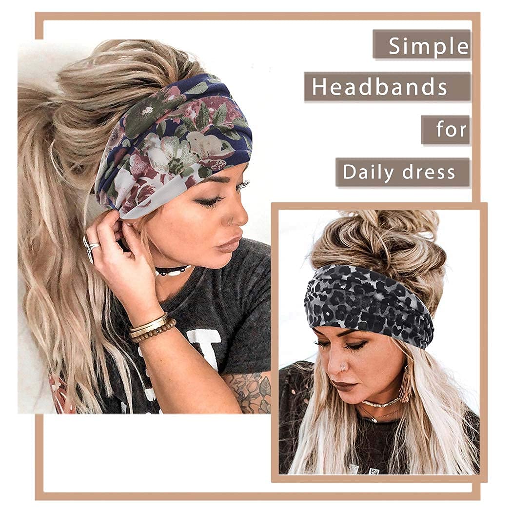 Gangel Boho Wide Headbands Floral Printed Hairbands Elastic Stretch Twisted Head Wrap Knotted Hair Scarfs Vintage Hair Accessories for Women (Pack of 3) (A)