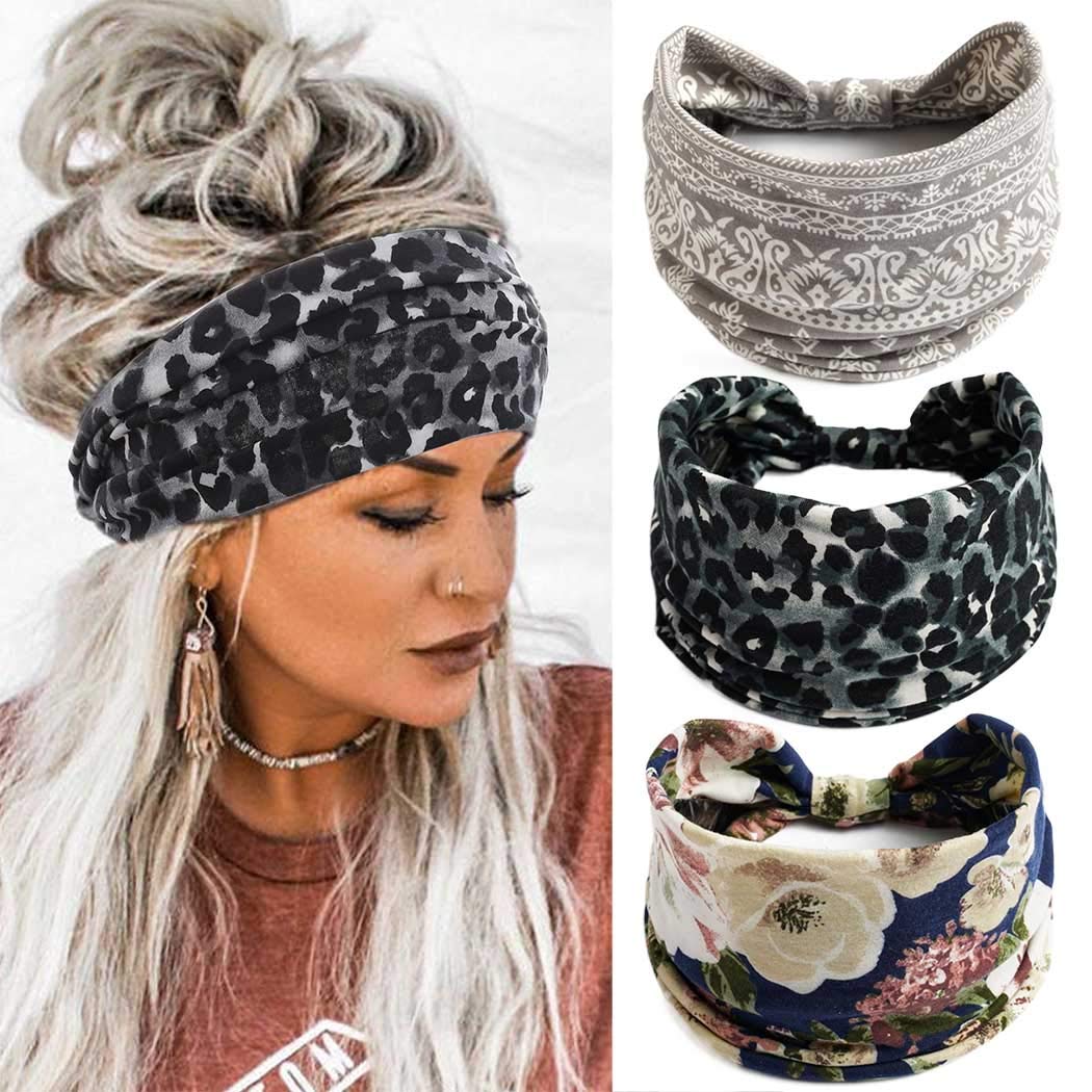 Gangel Boho Wide Headbands Floral Printed Hairbands Elastic Stretch Twisted Head Wrap Knotted Hair Scarfs Vintage Hair Accessories for Women (Pack of 3) (A)