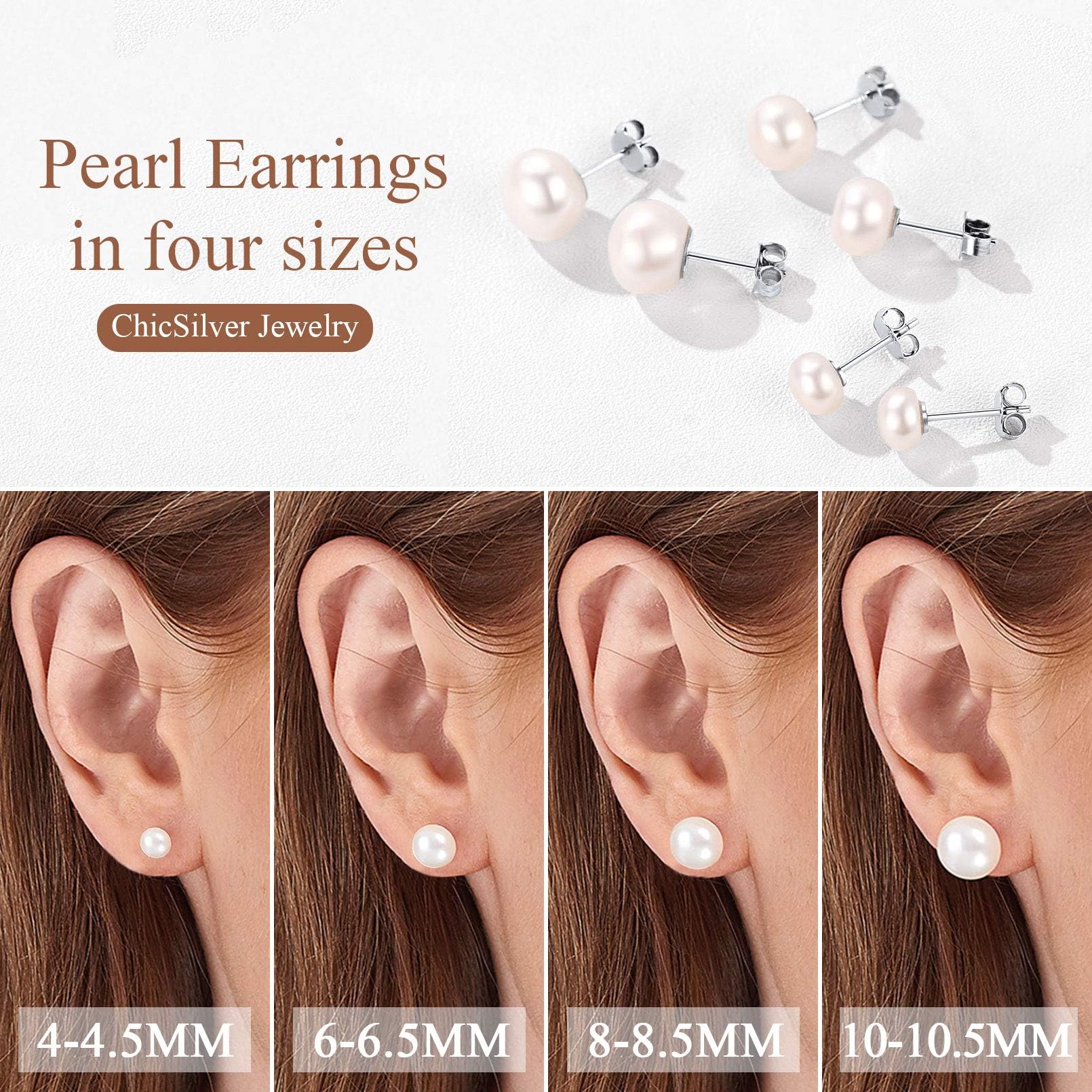 ChicSilver Pearl Stud Earrings for Women 4MM Freshwater Cultured White Button Pearl Earrings 925 Sterling Silver Small Studs for Sensitive Ear