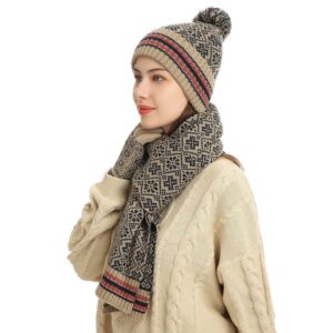 ecodudo 3 Pieces Winter Hat Scarf and Glove Set Knit Snowflake Pattern Beanie Hat Warm Long Scarf with Touchscreen Gloves for Women (Beige)