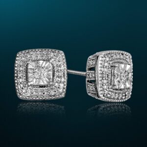 NATALIA DRAKE 1/10 Carat Total Weight Square Halo Small Diamond Stud Earrings for Women in Rhodium Plated 925 Sterling Silver Color IJ/Clarity I2-I3