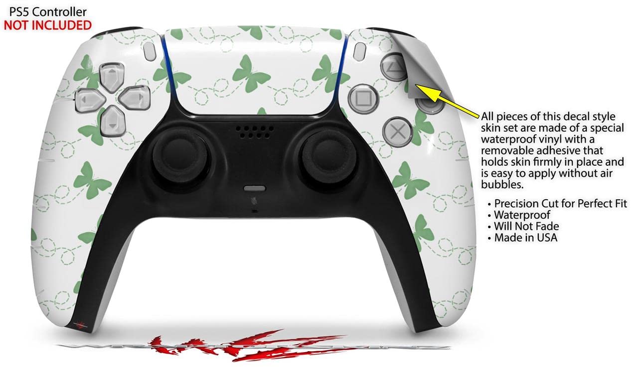 WraptorSkinz Skin Wrap compatible with Sony PS5 DualSense Controller Pastel Butterflies Green on White (CONTROLLER NOT INCLUDED)