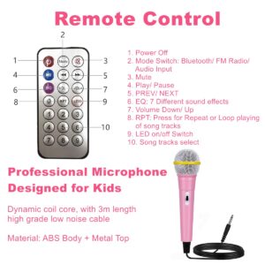 Kidsonor Kids Bluetooth Karaoke Machine with 2 Microphones, Wireless Remote Control Portable Karaoke Music MP3 Player Loudspeaker with Microphones for Kids Adults Home Party (Pink)