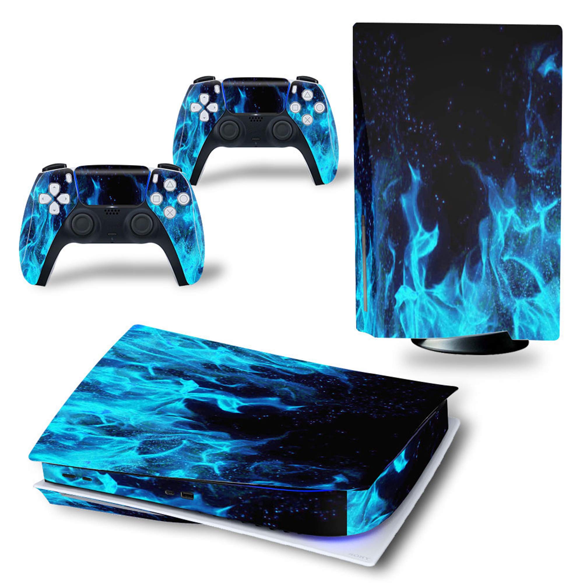 Ps5 Stickers Full Body Vinyl Skin Decal Cover for Playstation 5 Digital Edition Console Controllers (CD version, blue fire)