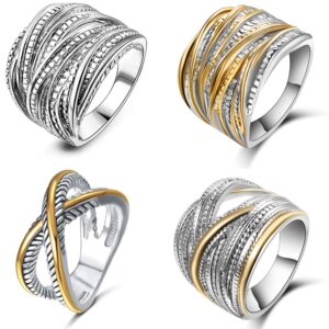 CASDAN 4Pcs Intertwined Crossover Statement Ring for Women Fashion Wrap Chunky Rings Twine Twisted Cable Wide Statement Band Ring for Men, Size 9