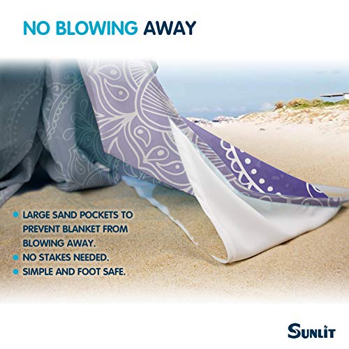 Sunlit Silky Soft 106"x81" Boho Sand Proof Beach Blanket Sand Proof Mat with Corner Pockets and Mesh Bag for Beach Party, Travel, Camping and Outdoor Music Festival, Blue Purple Mandala