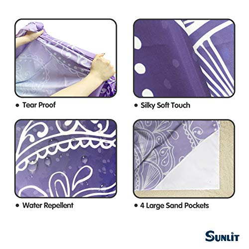 Sunlit Silky Soft 106"x81" Boho Sand Proof Beach Blanket Sand Proof Mat with Corner Pockets and Mesh Bag for Beach Party, Travel, Camping and Outdoor Music Festival, Blue Purple Mandala