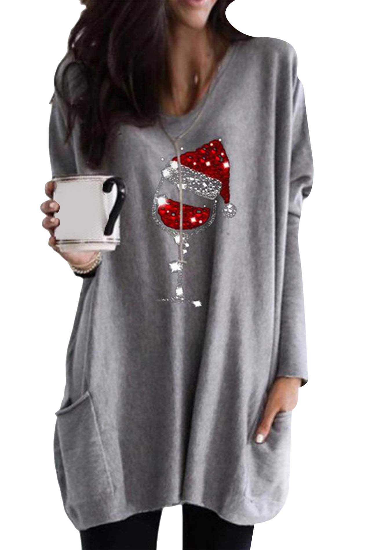 FLITAY Women’s Warm Round Neck Patchwork Sweatshirt Long Sleeve Plus Size Tunic Tops Shirt 2-Light Grey M