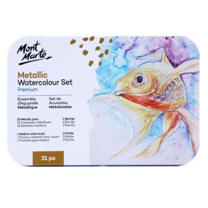 Mont Marte Premium Metallic Watercolor Cake Set, 21 Piece, 18 Colors, 1 Water Brush, 1 Sponge, 4 Mixing Wells