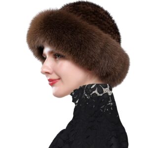 nwstesle winter fur hat for women warm knitted fur cap beanie for women wiht mink fur(brown)