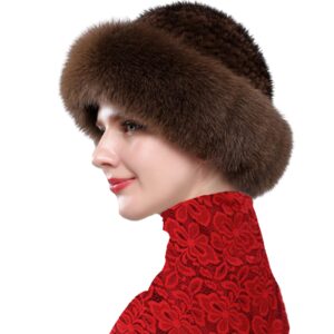 NWSTESLE Winter Fur Hat for Women Warm Knitted Fur Cap Beanie for Women wiht Mink Fur(Brown)