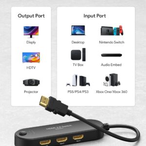 HDMI Switch 4K@60Hz, Vilcome 4K HDMI Splitter 3 in 1 Out, 3 Port Hdmi Switcher Box Supports UHD 3D HDR, Multi Port HDMI Hub Selector for Xbox PS3 4 5 TV Gaming Roku HDTV Fire Stick