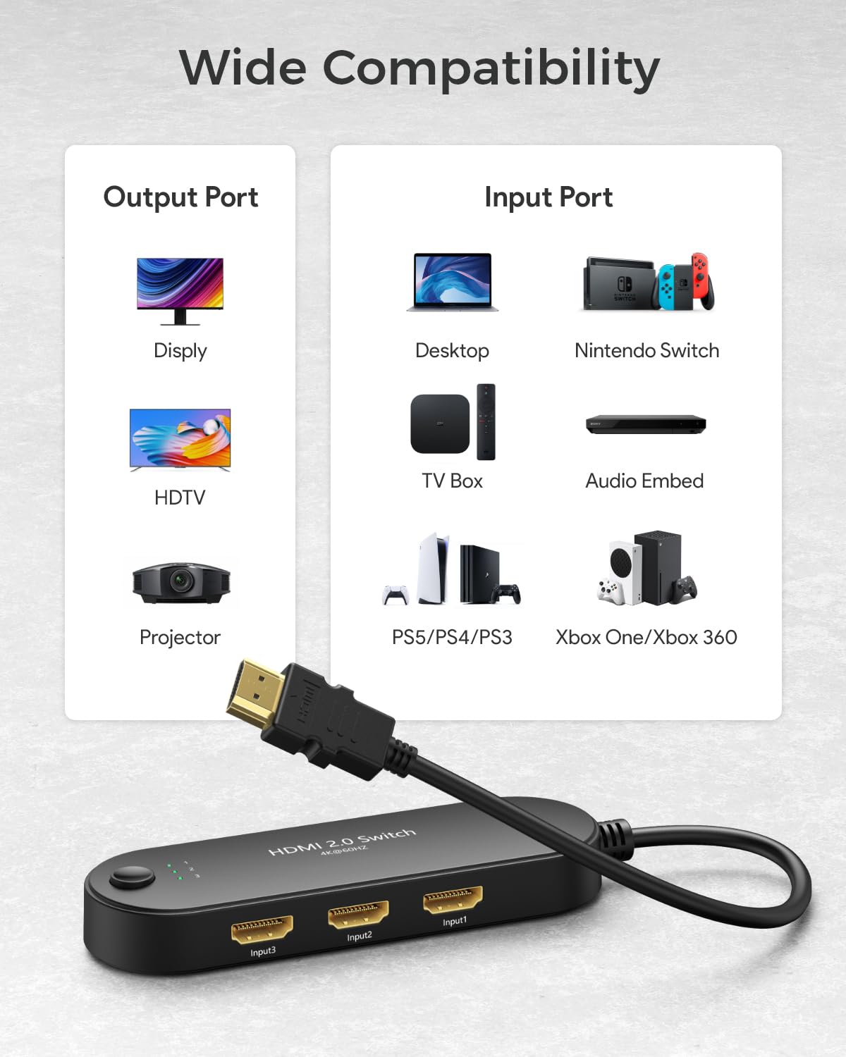 HDMI Switch 4K@60Hz, Vilcome 4K HDMI Splitter 3 in 1 Out, 3 Port Hdmi Switcher Box Supports UHD 3D HDR, Multi Port HDMI Hub Selector for Xbox PS3 4 5 TV Gaming Roku HDTV Fire Stick