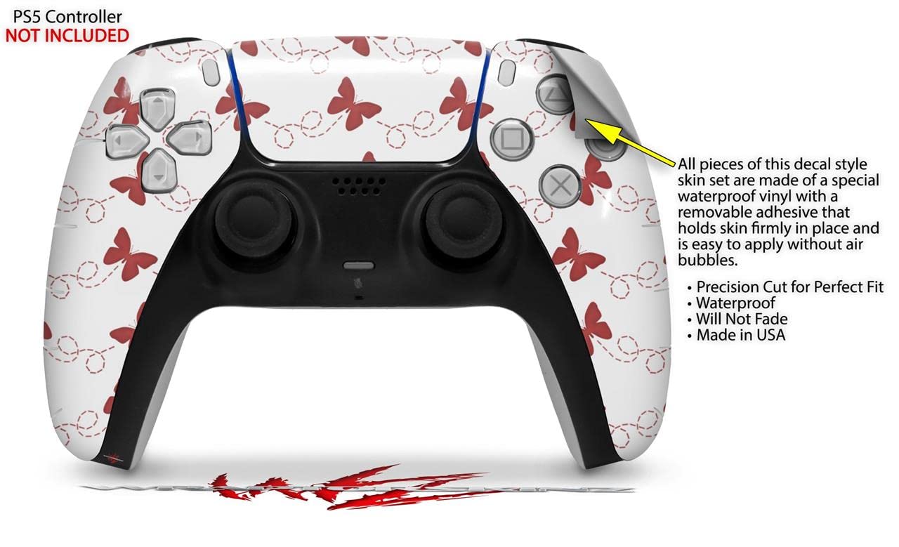 WraptorSkinz Skin Wrap compatible with Sony PS5 DualSense Controller Pastel Butterflies Red on White (CONTROLLER NOT INCLUDED)