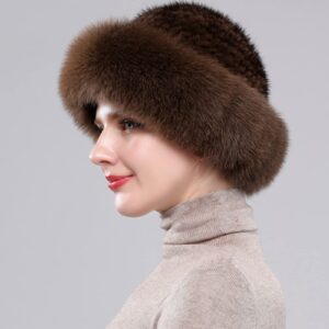 NWSTESLE Winter Fur Hat for Women Warm Knitted Fur Cap Beanie for Women wiht Mink Fur(Brown)