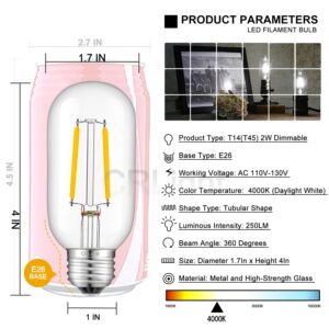 CRLight 2W LED Edison Bulb 4000K Daylight White, 30W Equivalent 300 LM, E26 Vintage Tubular T45 / T14 Clear Glass Dimmable LED Light Bulbs, 8 Pack