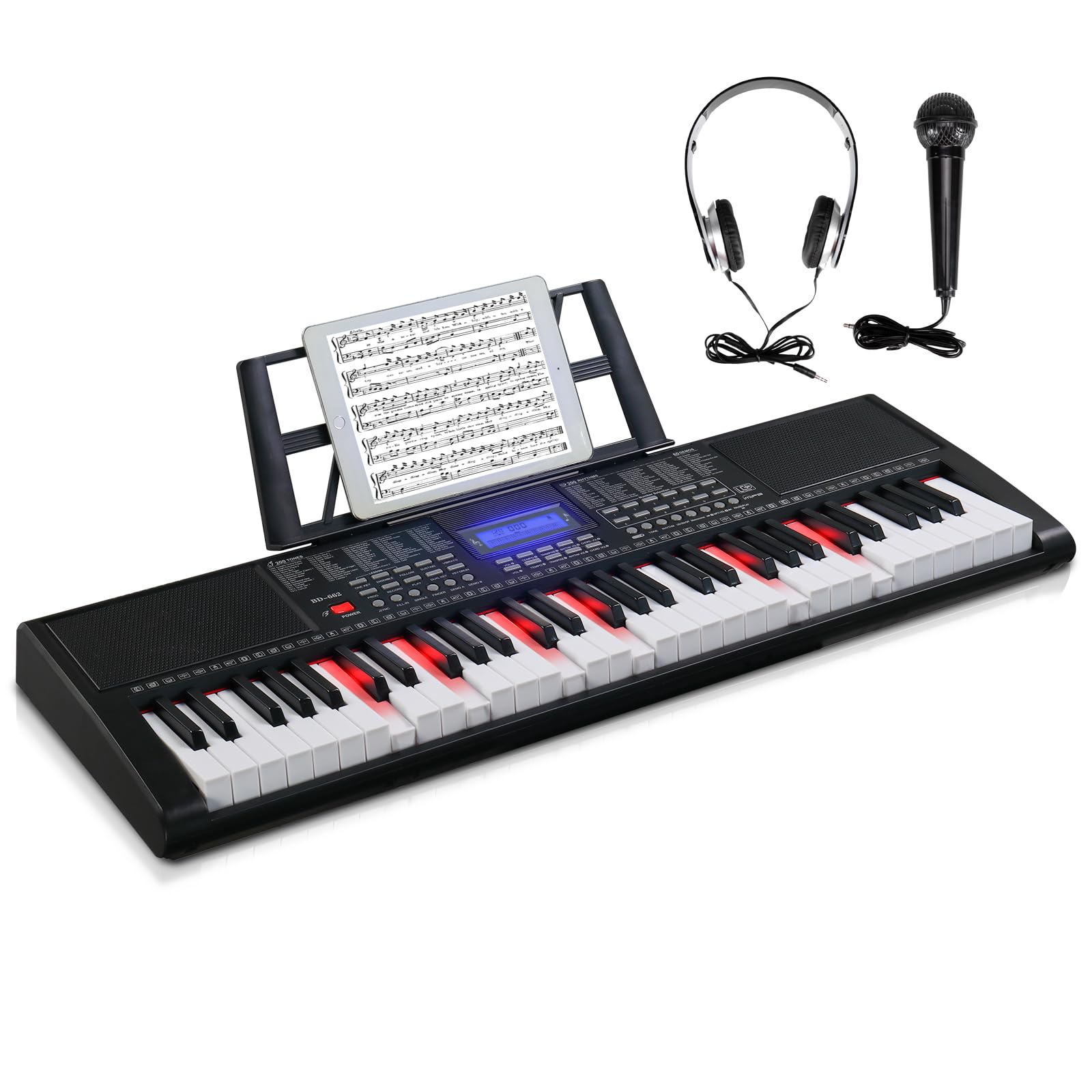 GLARRY 61-Key Portable Electronic Piano Keyboard for Beginner w/Lighted Keys, LCD Screen, Microphone, Headphones, 3 Teaching Modes, Built-In Speakers