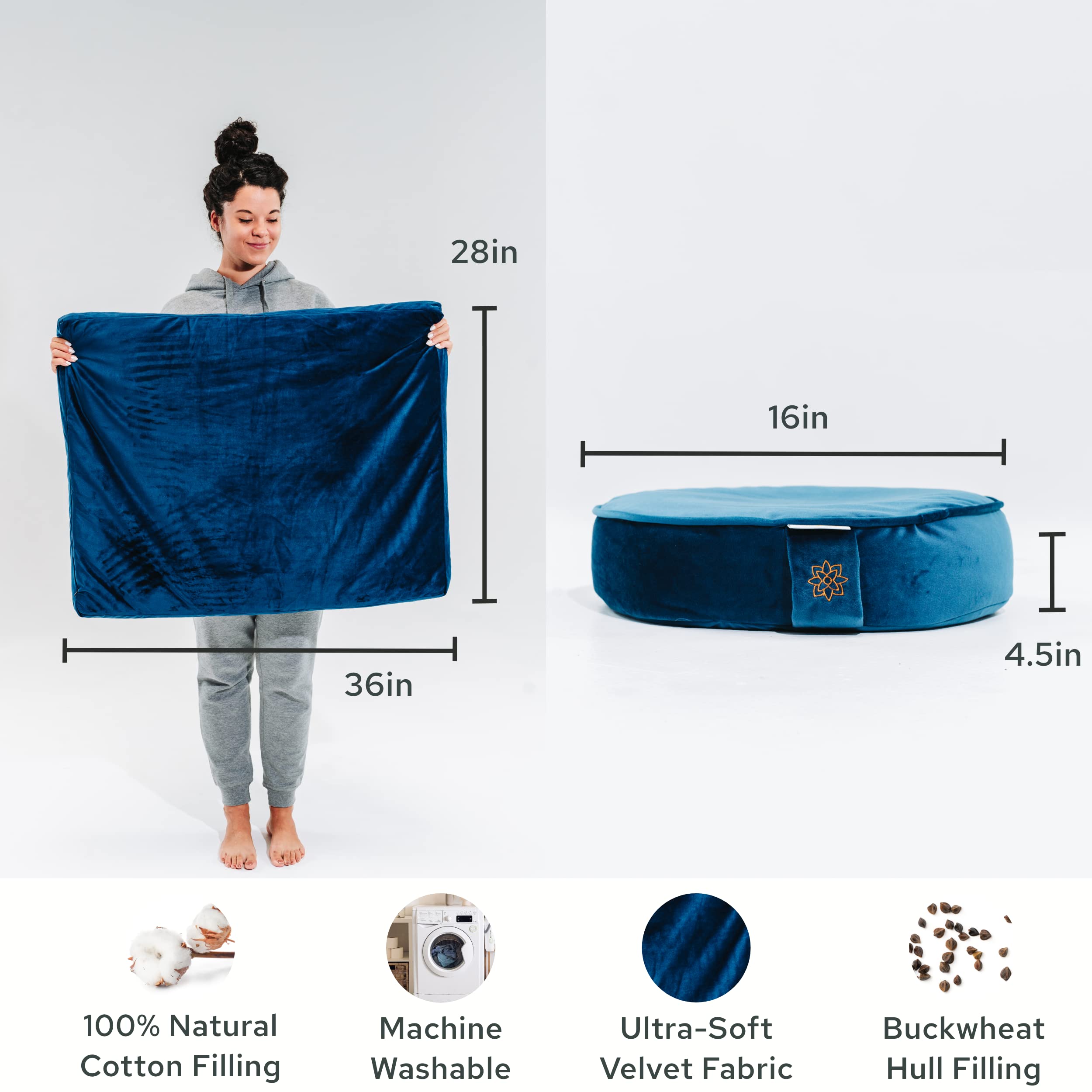 Mindful & Modern Meditation Cushion and Zabuton Meditation Mat Bundle - Premium Luxury Velvet Meditation Cushion Set for Yoga - Buckwheat Zafu Floor Pillow and Rectangular Mat - Royal Navy Color