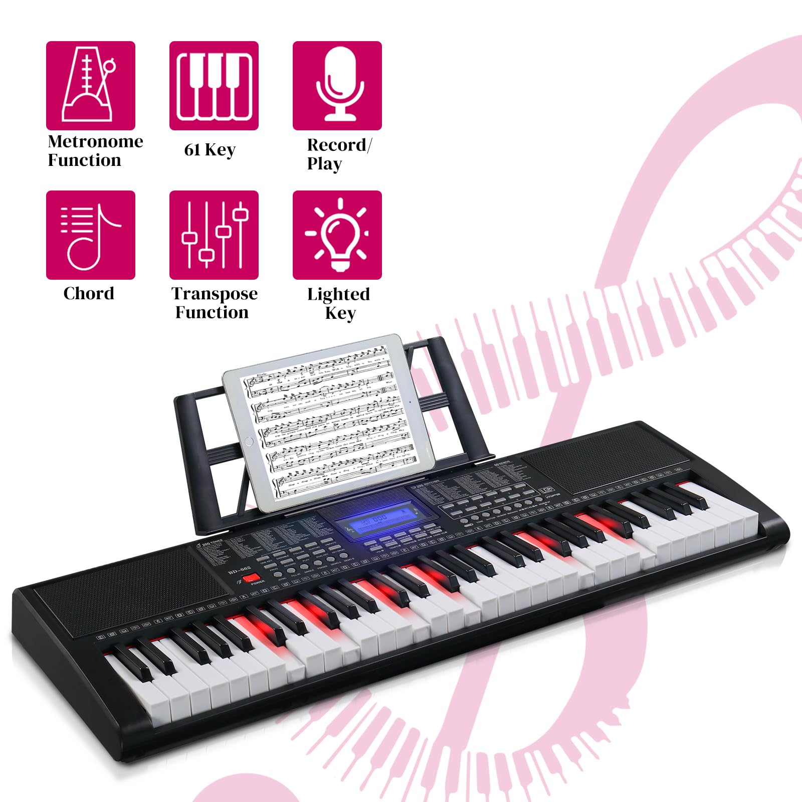 GLARRY 61-Key Portable Electronic Piano Keyboard for Beginner w/Lighted Keys, LCD Screen, Microphone, Headphones, 3 Teaching Modes, Built-In Speakers