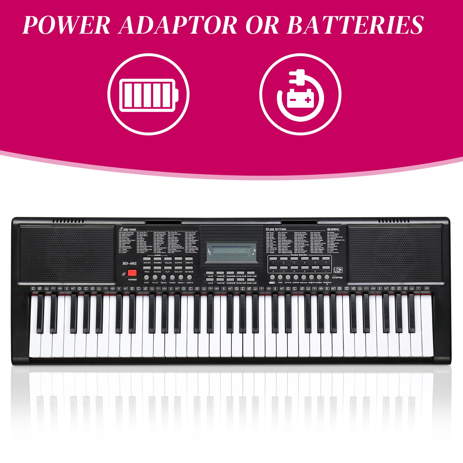 GLARRY 61-Key Portable Electronic Piano Keyboard for Beginner w/Lighted Keys, LCD Screen, Microphone, Headphones, 3 Teaching Modes, Built-In Speakers