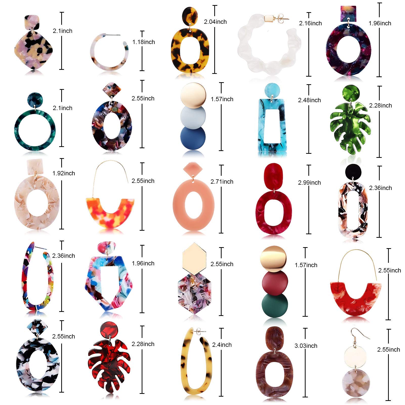 FIFATA 25 Pairs Acrylic Resin Statement Earrings Set for Women Mottled Hoop Fashion Drop Dangle Jewelry Hypoallergenic for Sensitive Ears