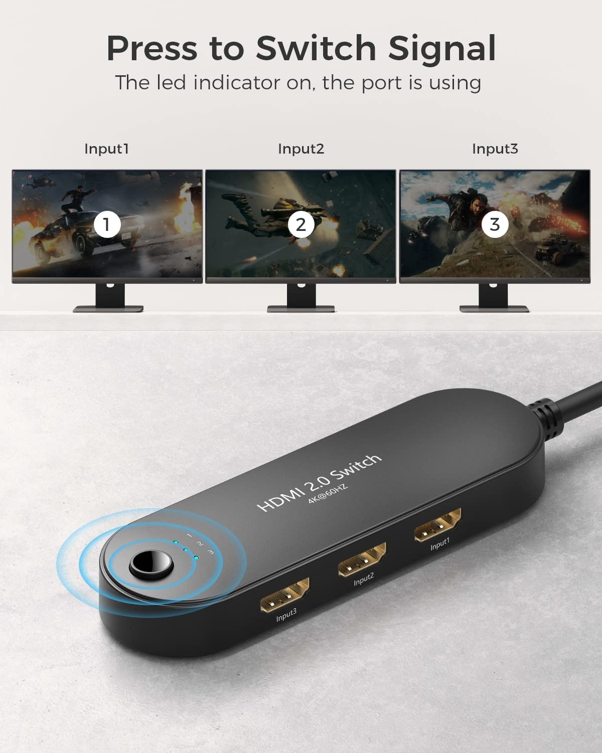 HDMI Switch 4K@60Hz, Vilcome 4K HDMI Splitter 3 in 1 Out, 3 Port Hdmi Switcher Box Supports UHD 3D HDR, Multi Port HDMI Hub Selector for Xbox PS3 4 5 TV Gaming Roku HDTV Fire Stick