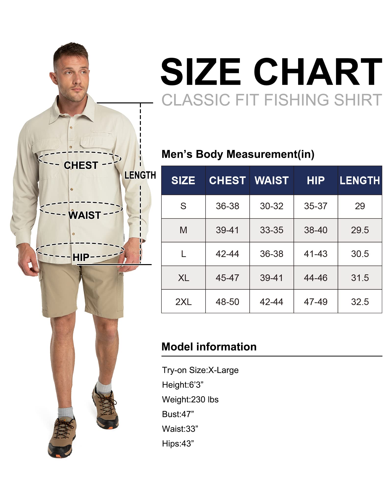 33,000ft Men's Long Sleeve Sun Protection Shirt UPF 50+ UV Quick Dry Cooling Fishing Shirts for Travel Safari Camping Hiking Khaki