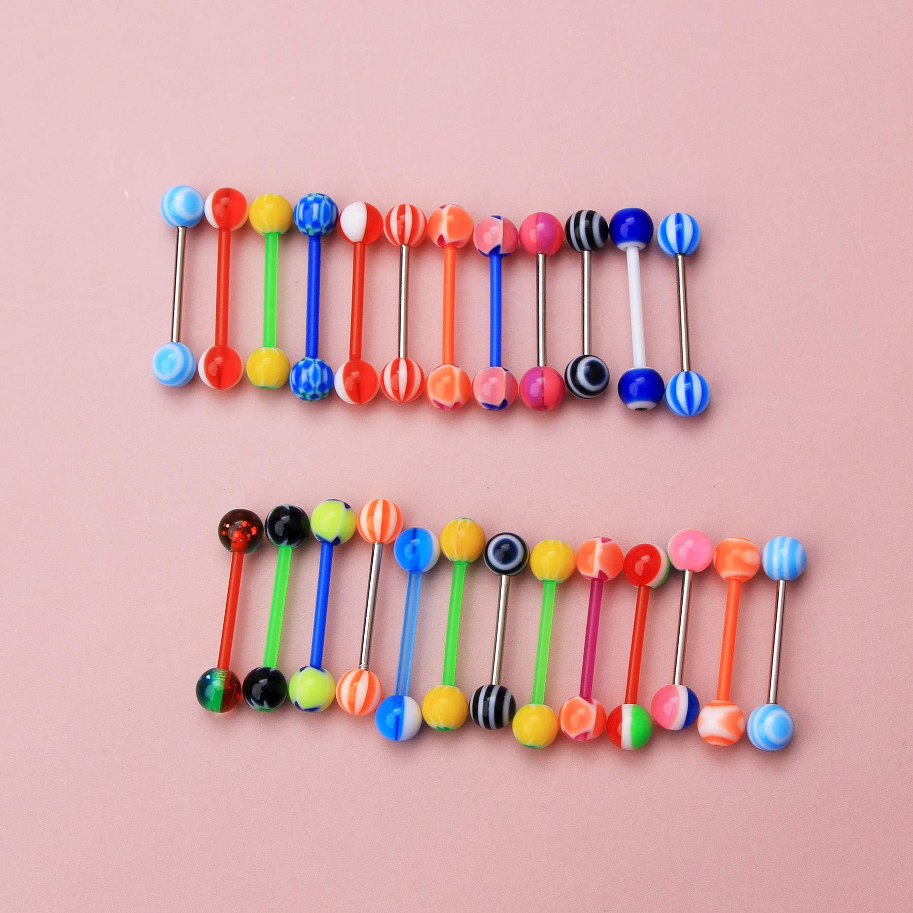 CM Crareesi Mania 50pcs Tongue Rings Pack 14g 316L Stainless Steel Tongue Rings Barbells Assorted Colors Flexible Multicolor Tongue Bars