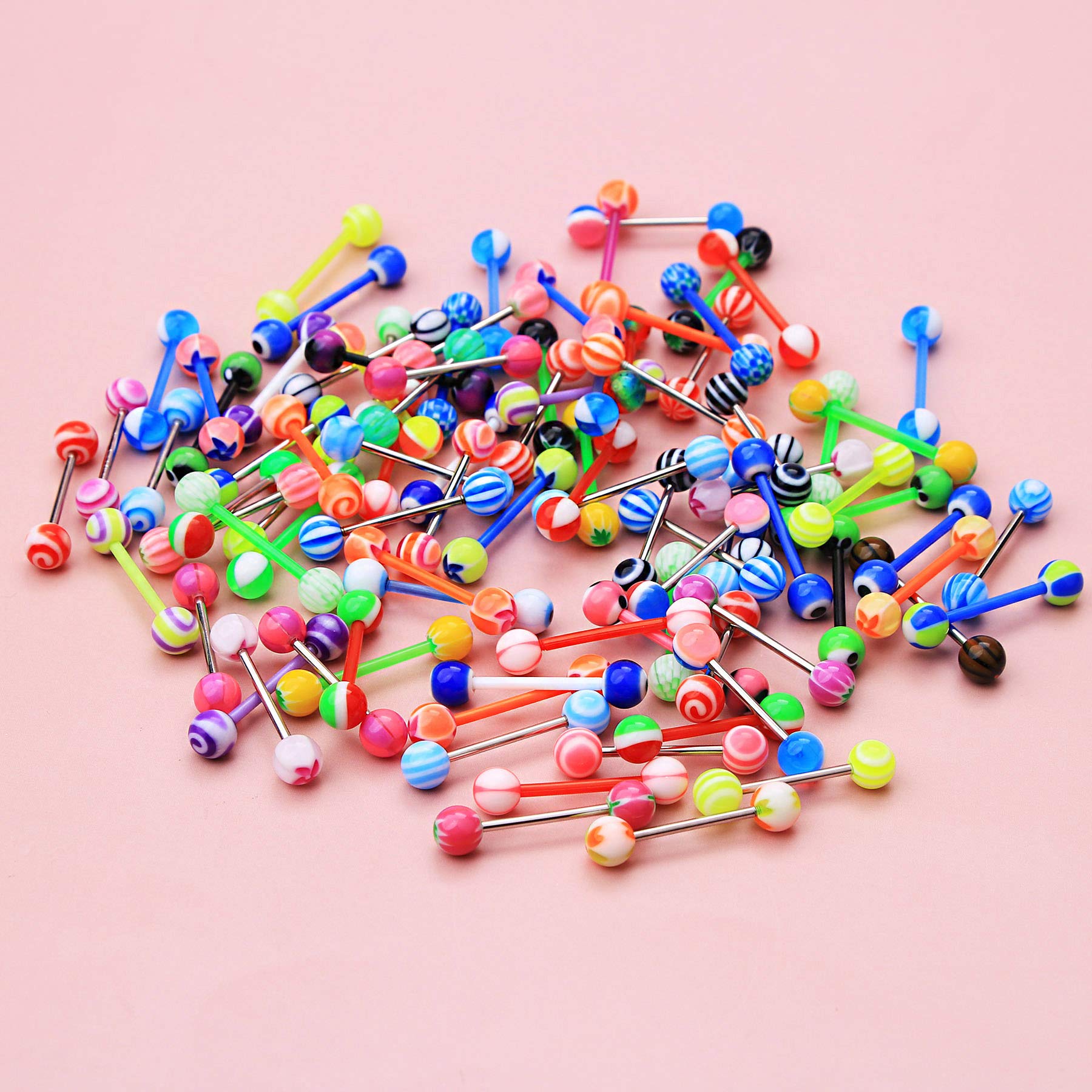 CM Crareesi Mania 50pcs Tongue Rings Pack 14g 316L Stainless Steel Tongue Rings Barbells Assorted Colors Flexible Multicolor Tongue Bars