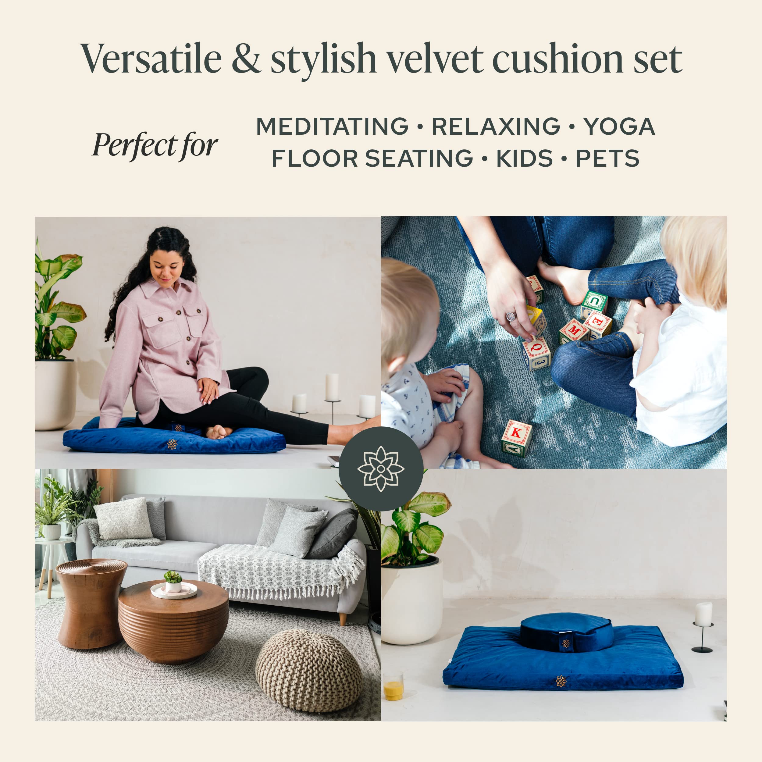 Mindful & Modern Meditation Cushion and Zabuton Meditation Mat Bundle - Premium Luxury Velvet Meditation Cushion Set for Yoga - Buckwheat Zafu Floor Pillow and Rectangular Mat - Royal Navy Color