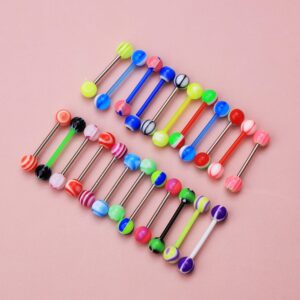 CM Crareesi Mania 50pcs Tongue Rings Pack 14g 316L Stainless Steel Tongue Rings Barbells Assorted Colors Flexible Multicolor Tongue Bars