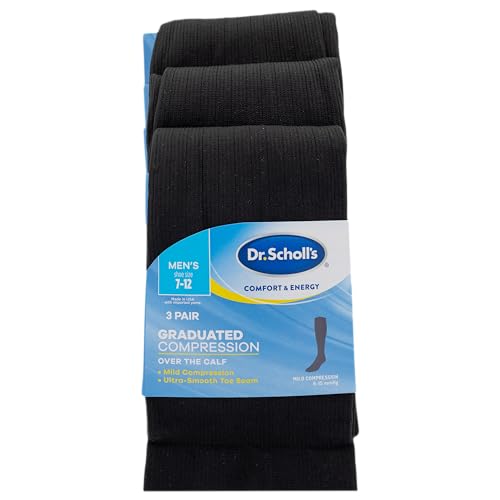 Dr. Scholl's Mens Graduated Compression Over The Calf - 2 & 3 Pair Packs Energizing Comfort And Fatigue Relief Sock, Black, 7-12 US