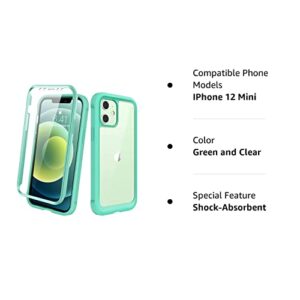 Diaclara Designed for iPhone 12 Mini Case, Full Body Rugged Case with Built-in Touch Sensitive Anti-Scratch Screen Protector, Soft TPU Bumper Case for iPhone 12 Mini 5.4" (Green and Clear)