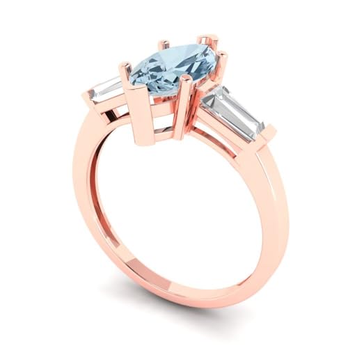 Clara Pucci 2 ct Marquise cut 3 stone Solitaire Genuine Natural Aquamarine Engagement Promise Anniversary Bridal Ring 18K Rose Gold 5.25