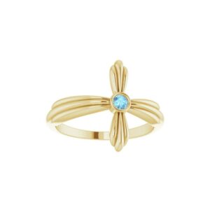 Solid 14k Yellow Gold Solitaire Aquamarine Sideways Cross Crucifix Ring Band (Width = 15.7mm) - Size 6