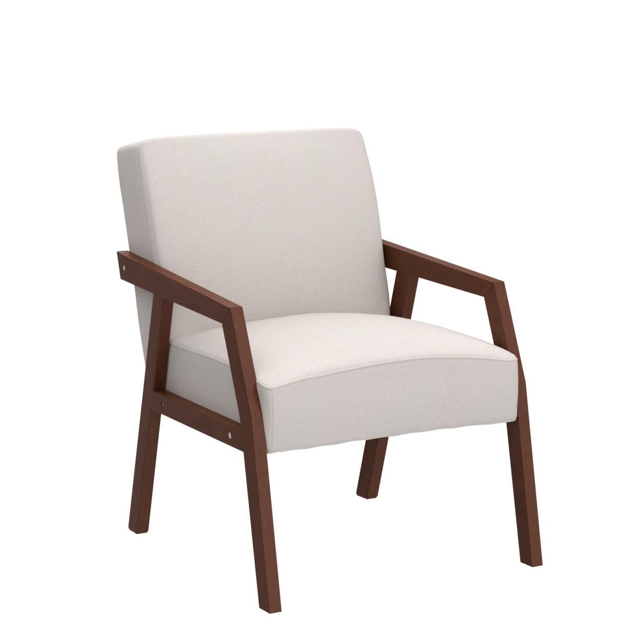 HUIMO Arm Chair Accent Chair, Wooden Mid-Century Modern Accent Chairs, Elegant Upholstered Lounge Chair for Living Room, Bedroom, Linen Fabric Padded Reading Chair, Side Chair (White)