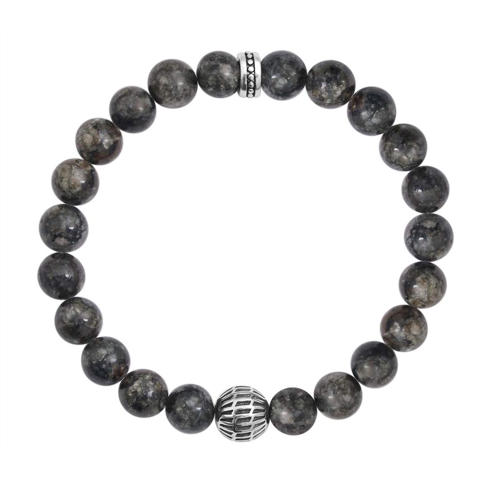 Geoffrey Beene Natural Stone Elastic 9mm Beaded Bracelet with Black Good Fortune Piece (Grey)