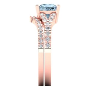 Clara Pucci 2.01ct Princess Cut Solitaire Real Aquamarine Engagement Promise Anniversary Bridal Ring Band set Curved 18K Rose Gold 9.25