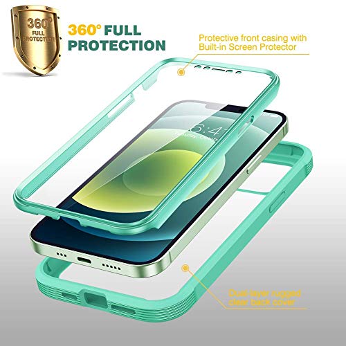 Diaclara Designed for iPhone 12 Mini Case, Full Body Rugged Case with Built-in Touch Sensitive Anti-Scratch Screen Protector, Soft TPU Bumper Case for iPhone 12 Mini 5.4" (Green and Clear)