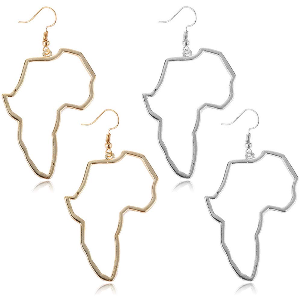 2 Pairs Unique Vintage Hollow Gold Silver African Map Dangle Earrings Ethnic Style African Drop Earrings for Women Bohemia Style Jewelry (Gold+Silver)