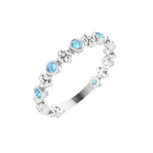 Solid 925 Sterling Silver Aquamarine Beaded Ring Band (Width = 3mm) - Size 6.5