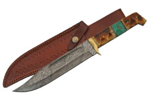 szco supplies 13"" bone/turquoise handle damascus steel bowie blade knife with sheath, brown/turquoise (dm-1256)