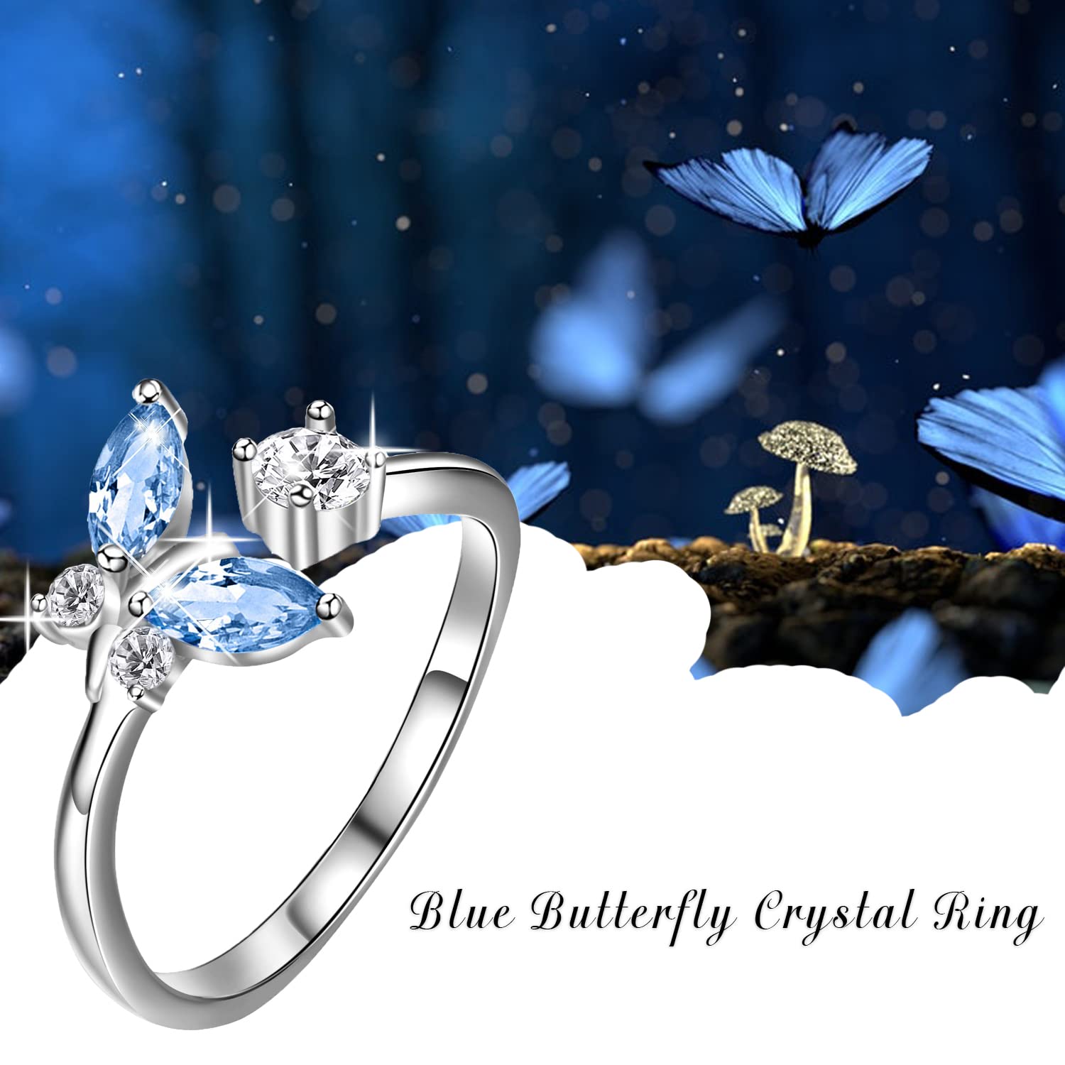 AOBOCO Butterfly Ring Sterling Silver Adjustable Open Rings Blue Butterfly Series Anniversary Jewelry Gifts for Women US Size 6