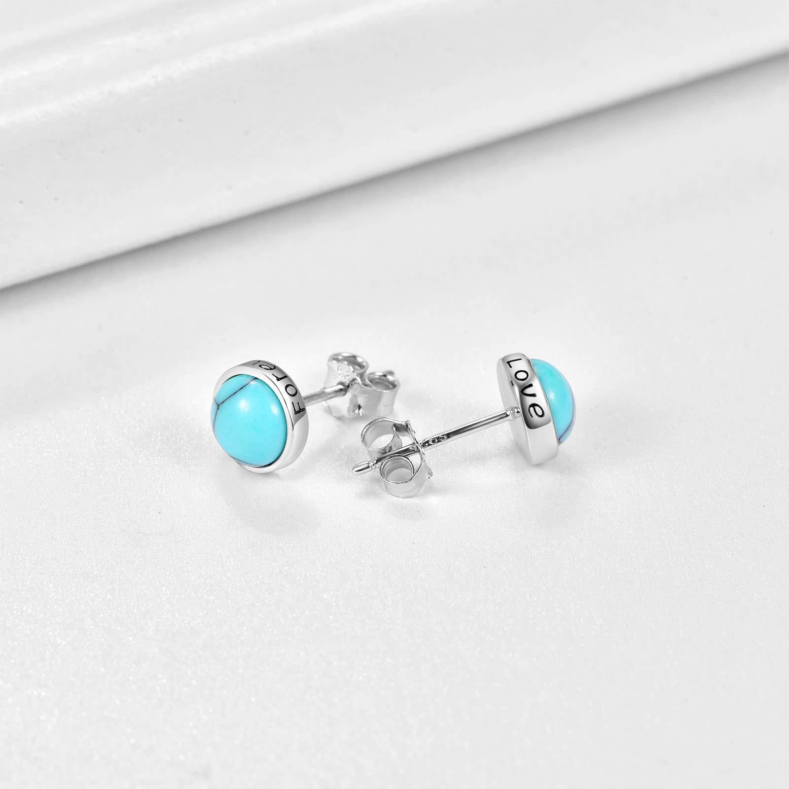 925 Sterling Silver Turquoise Studs Hypoallergenic Earrings for Sensitive Ears with Romantic "Forever Love" Engraving Jewelry Valentine for Women Girlfriend-6MM